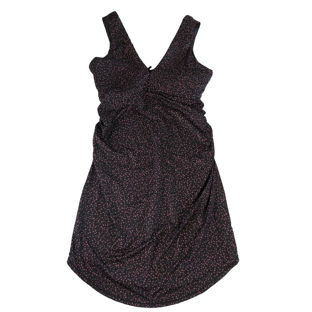 prAna Pearl Isla Dress Black Pink Spotted Ruched V-Neck Built In Shelf Bra XL
